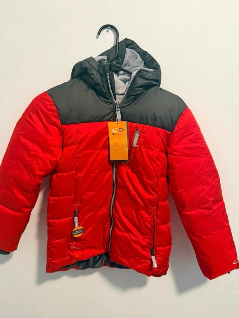 Red & Black Kids Champion Puffer Jacket with Hood